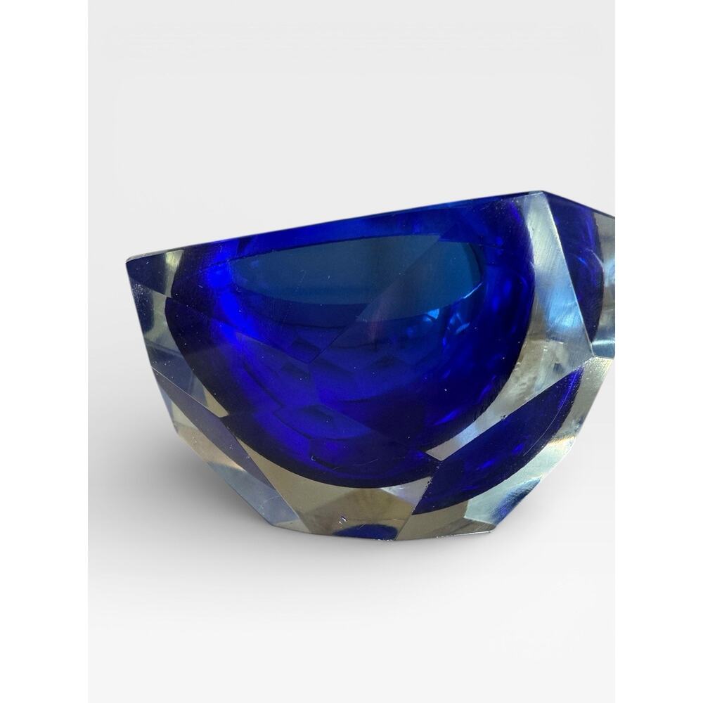 Murano Art Glass Faceted Bowl Cobalt Blue Sommerso Mid Century Italian